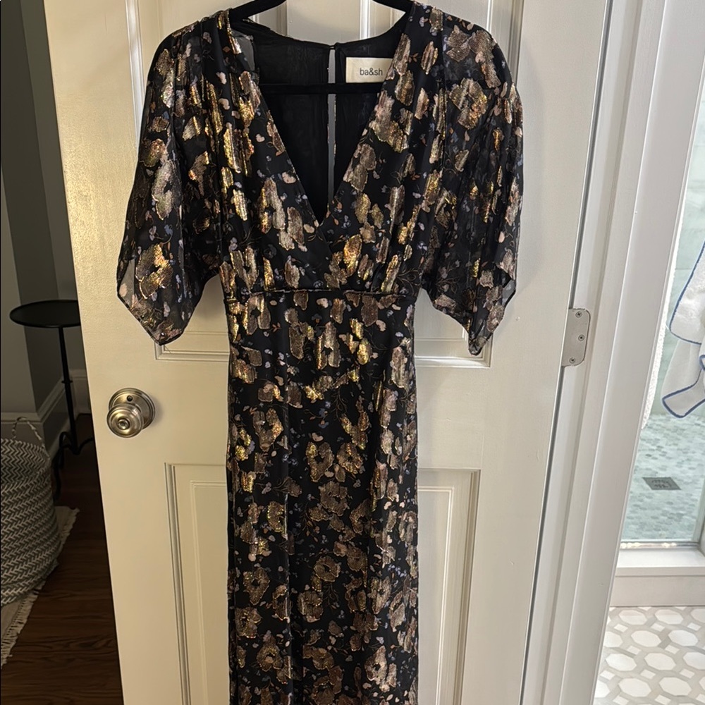 ba&sh Black and Gold Floral Long Sleeve Dress